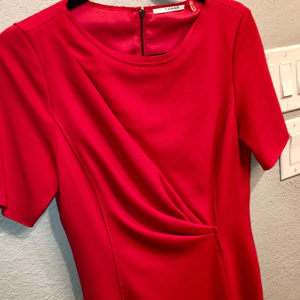 Tahari deep pink sheath dress with gathered front